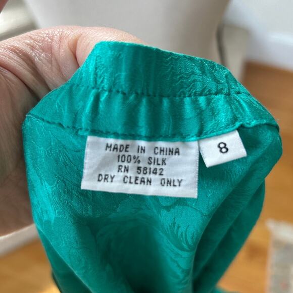 Vintage 90s Turquoise Green Floral Silk A-Line Midi Skirt Western Romantic Boho - Picture 6 of 8